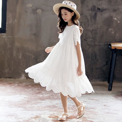 Girls Summer White Embroidery Loose Soft Cotton Dress - White.