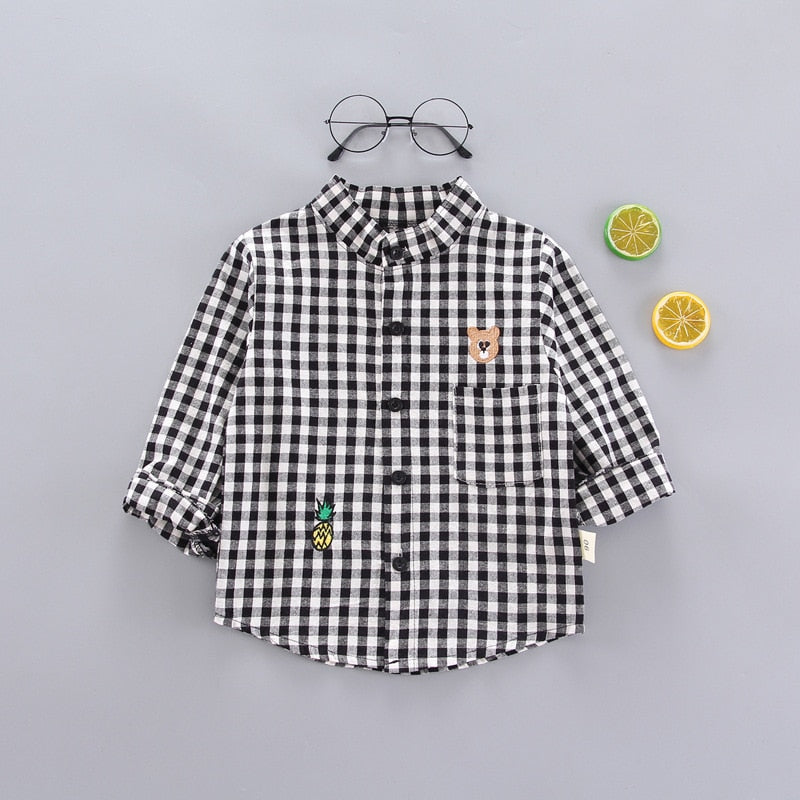 Baby Boys Thin Long Sleeve Cotton Check Shirts - Black, Red, Beige.