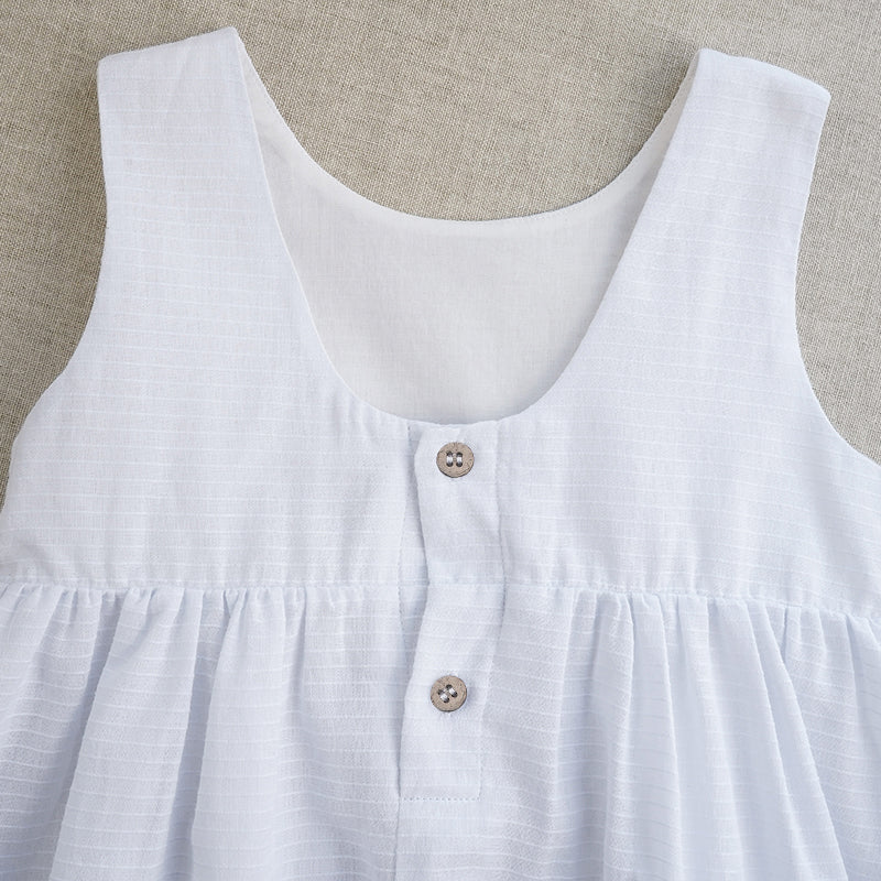 Girls Sleeveless Round Neck Button Low-Back Textured Cotton Dress - White