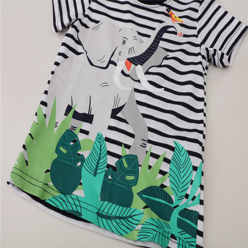 Summer Boys Elephant Print Striped Cotton T-shirt - White, Black.