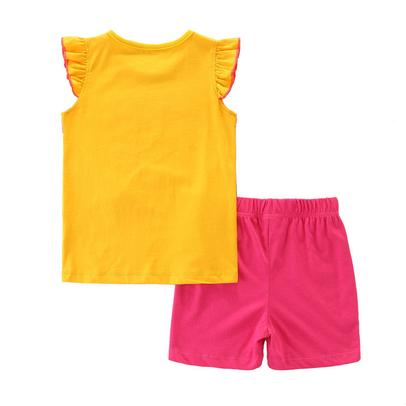 Summer Girls Bird Applique Ruffles Sleeve Cotton Outfit - Yellow, Pink