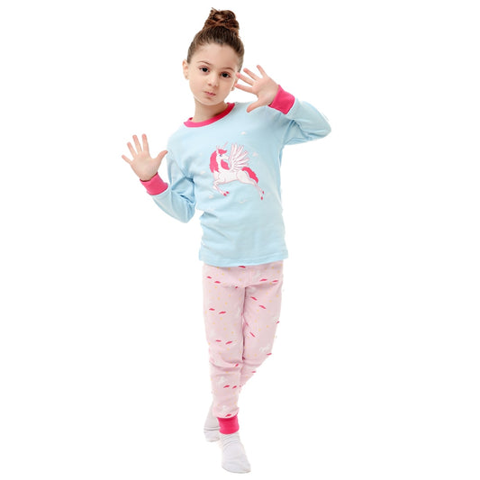 Girls Unicorn Cartoon Cotton Pyjama - Blue, Pink, White.