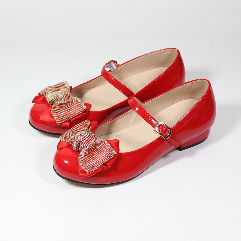 Low Heel Bowknot Girls Patent Leather Shoes - Pink, Red, Black, Wine Red, White.