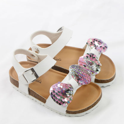 Newest Summer Fashion Leather Cork Breathable Bowknot Glitter Sandals for Girls - White, Purple.