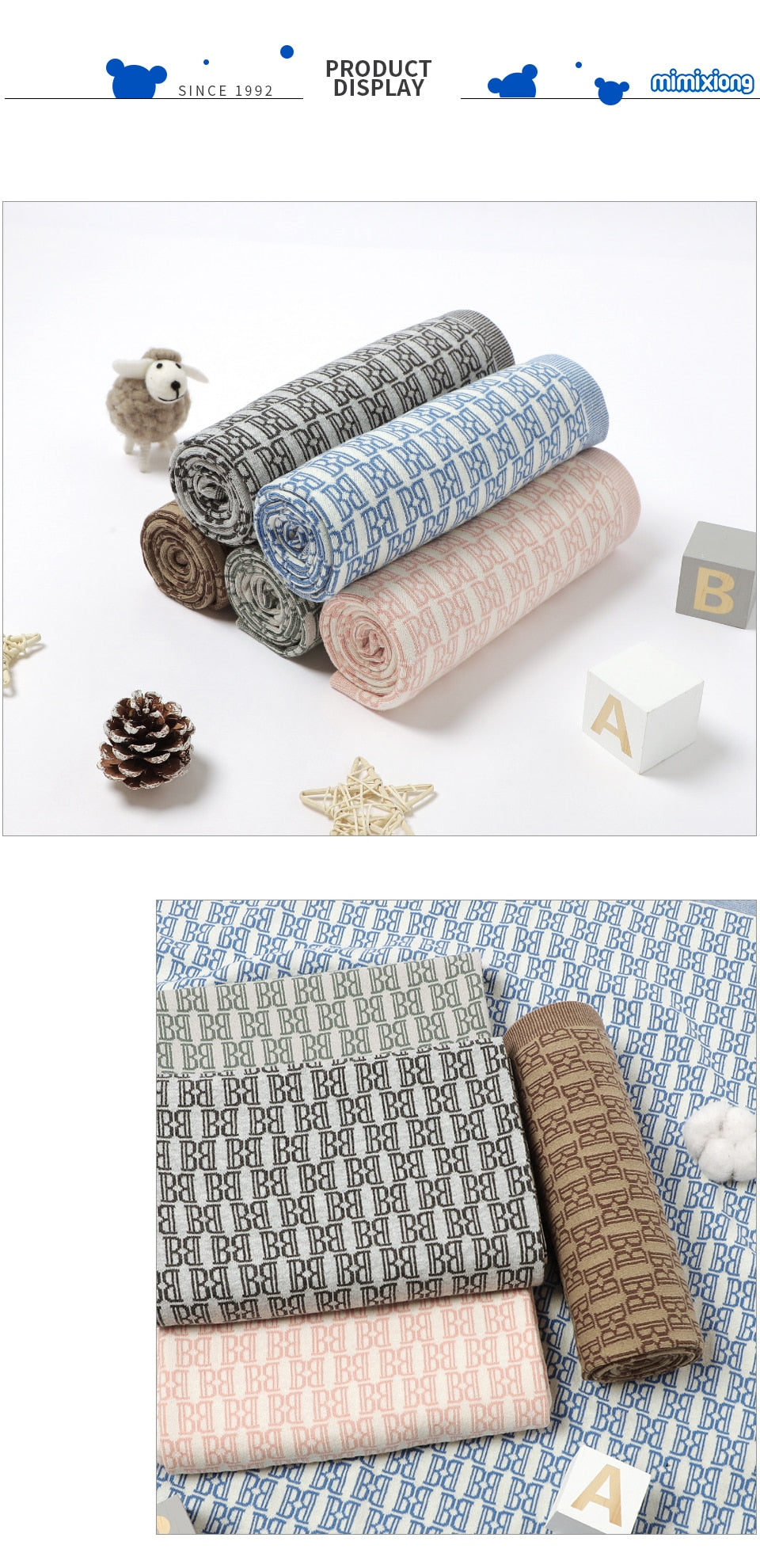 Newborn Babies' Knitted Super Soft 100% Cotton Blankets 100*80cm - Cream, Brown, Green.