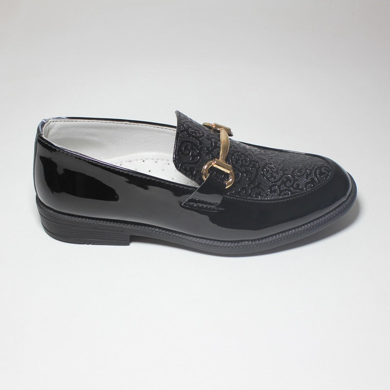 Boys Black Patent Leather Slip On Round Toe Oxford Shoes.