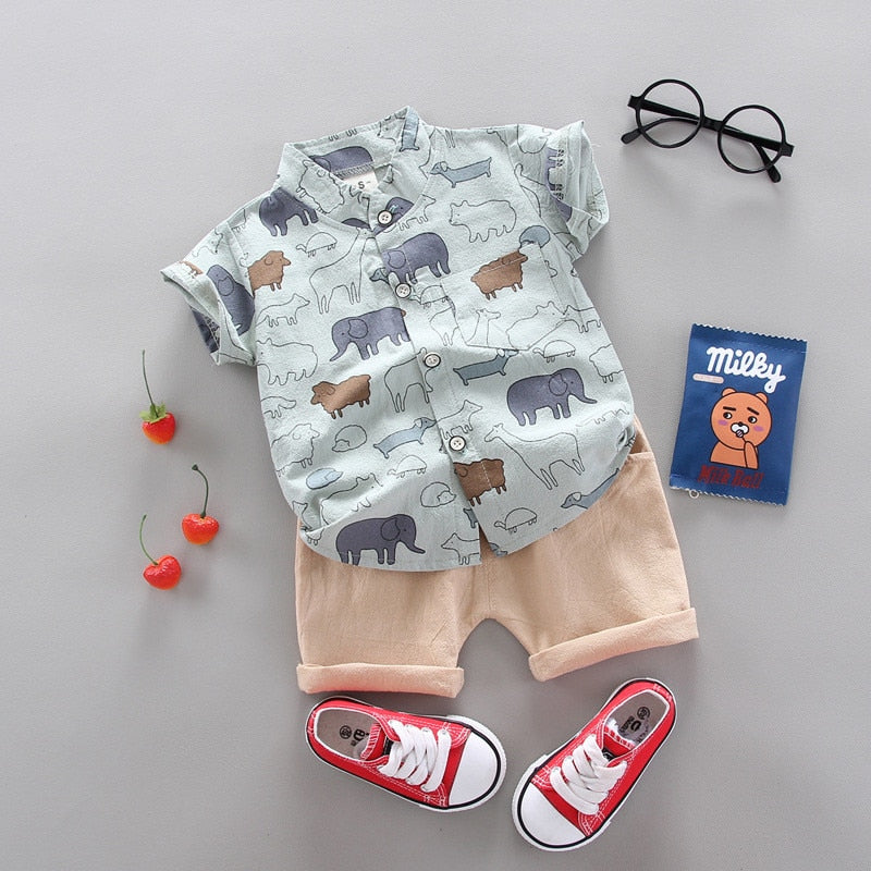 2pcs Baby Boys Cotton Summer Clothing Set of Shirt & Shorts - Pink, Grey, Yellow.