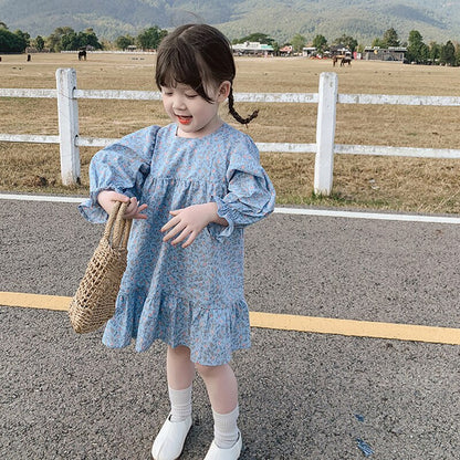 Girls Dress Autumn New Children Clothes Korean Style Sweet Baby Girl Long-Sleeved Floral Dress Toddler Kids.