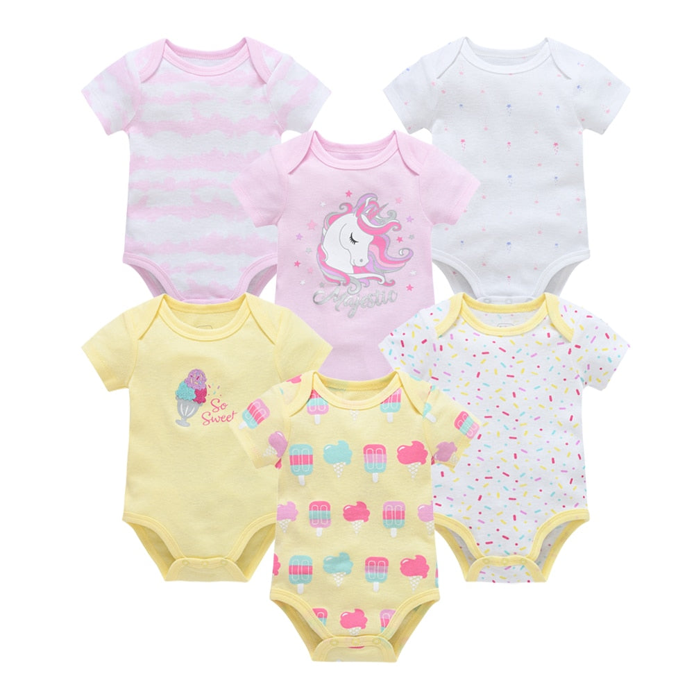 Summer Short Sleeve Cotton Bodysuits for Baby Girls, 6 pcs/pack - Pink, Green, Yellow