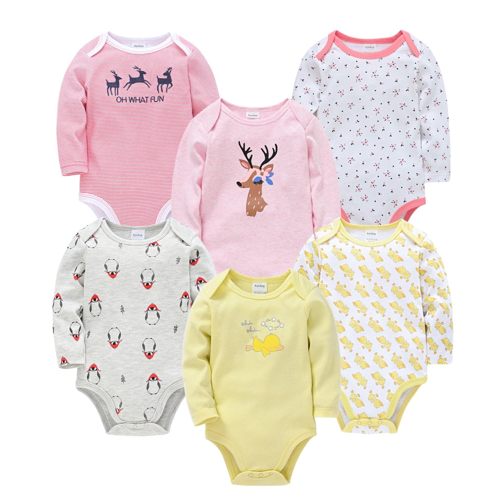 6 pcs/pack Baby Girls Long Sleeve Cartoon Print Cotton Bodysuits - Yellow, White, Pink, Grey.