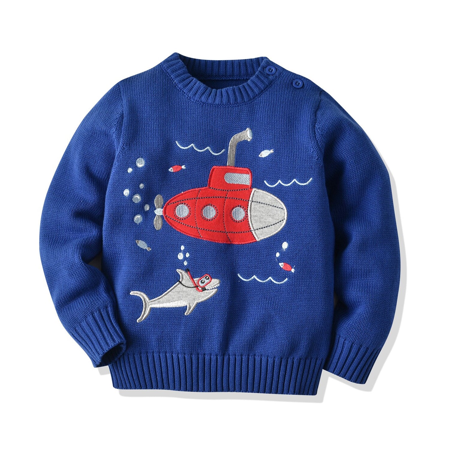 Kids Cartoon Submarine Cotton Knitted Pullover - Blue, Sky Blue.