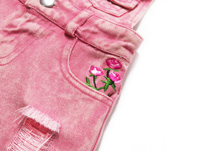Girls Summer Cute Adorable Suspender Denim Shorts Jumpsuit - Pink