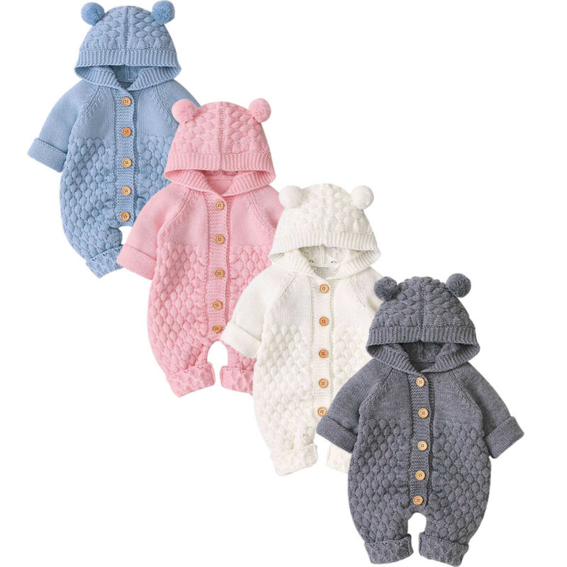 Newborn Baby Knitted Jumpsuit with a Hood - Blue, Grey