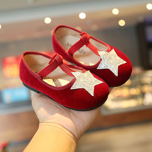 Baby Girls Velvet Material Star Applique Shoes - Brown, Black, Red, Grey