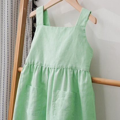 Girls' Summer Cotton and Linen Sleeveless Dress With Adjustable Shoulder Straps - Green, White.