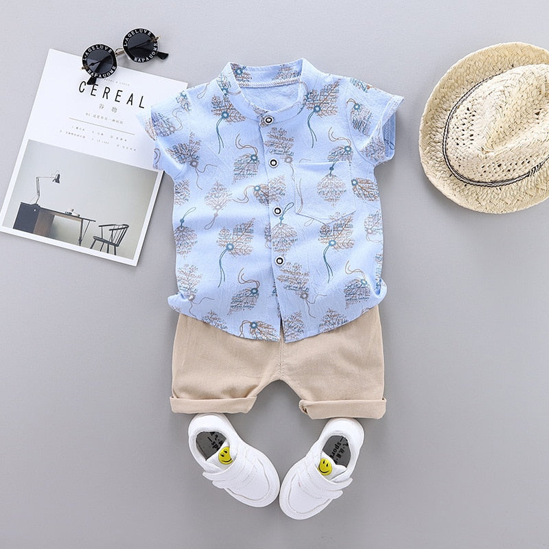 2pcs Baby Boys Cotton Summer Clothing Set of Shirt & Shorts - Grey, Blue.