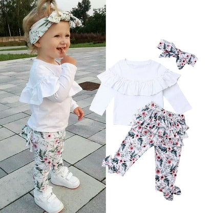 Baby Girl Clothes Set of White Ruffle Top, Floral Pants, Headband, 3pcs Outfit.