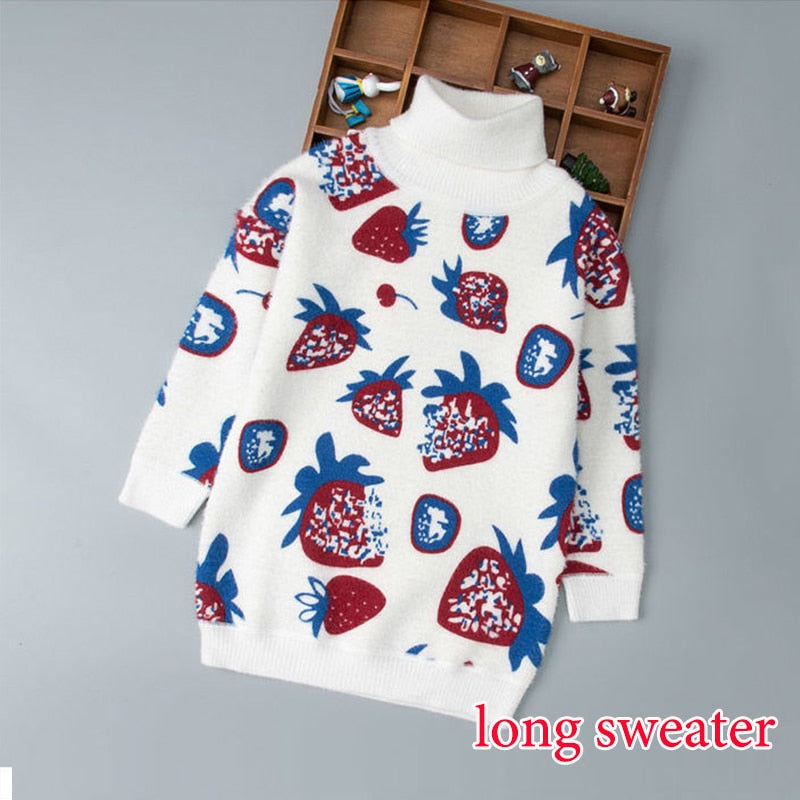 Girls Knitted Cotton Blend Long Sweater - White with Strawberry Print.