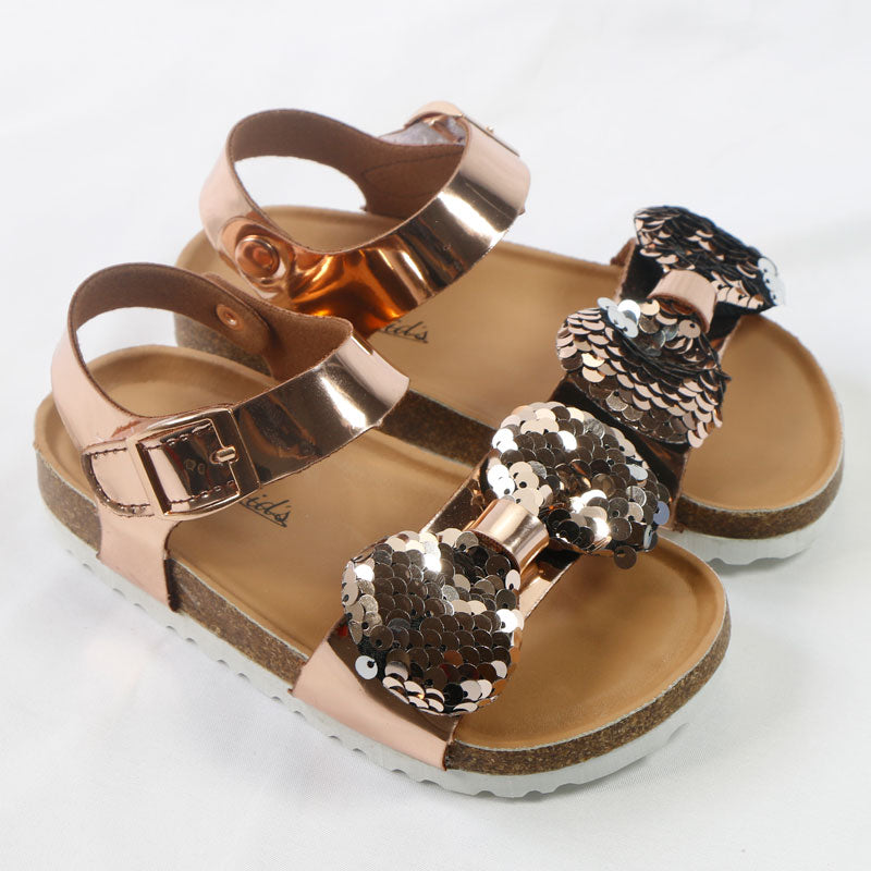 Newest Summer Fashion Leather Cork Breathable Bowknot Glitter Sandals for Girls - Gold, Silver.