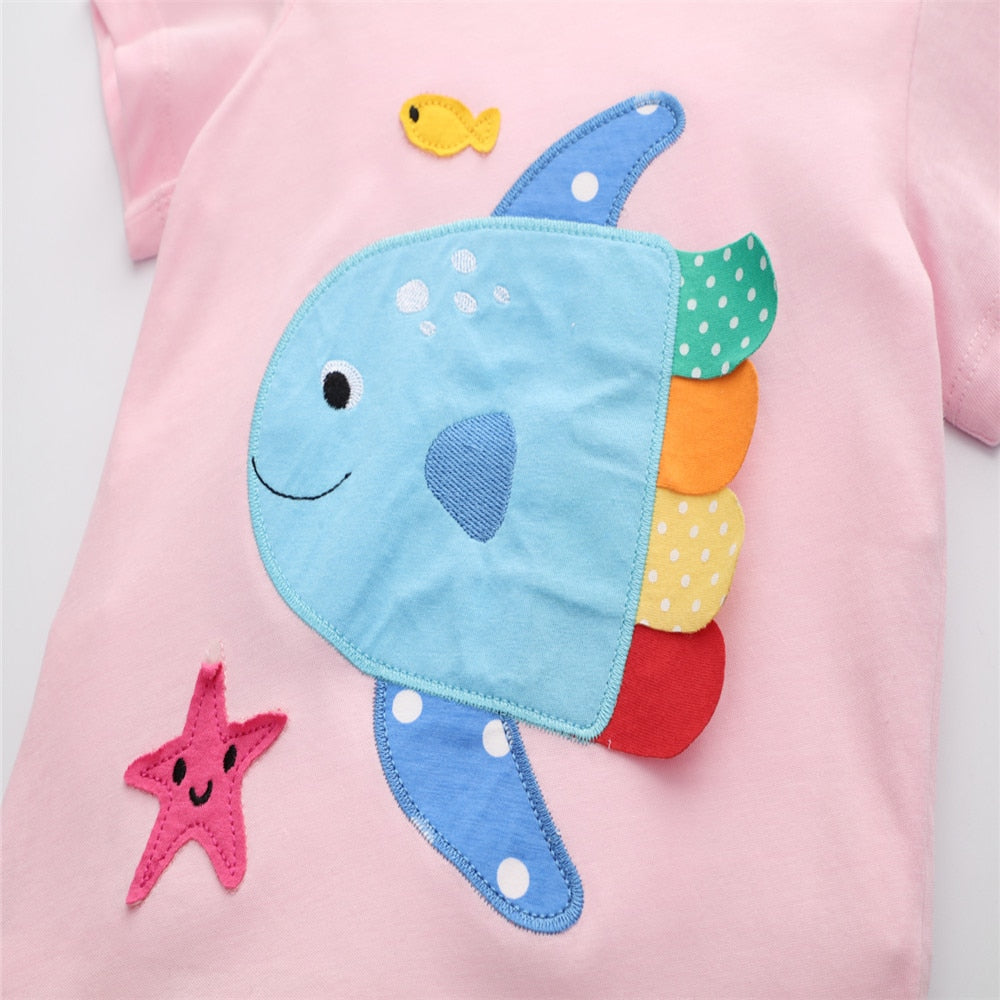 Zeebread New Arrival Summer Girls Tshirts Animals Embroidery Hot Selling Pink Kids Tees Cotton Toddler Tops Shirts.