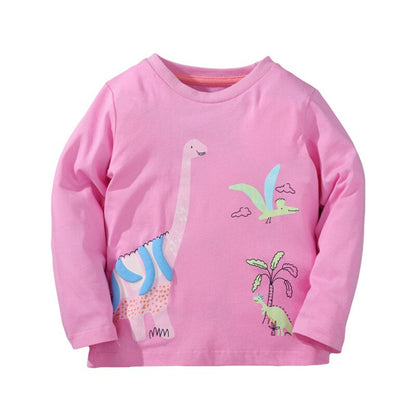 New Spring Girls Embroidered Unicorn Fashion Cotton Tops - Pink, Yellow.