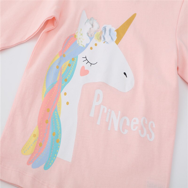 New Spring Girls Embroidered Unicorn Fashion Cotton Top - Pale Blue, Pale Pink.