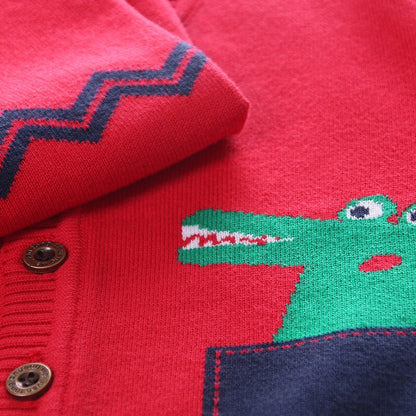 Boys Cartoon Crocodile Cotton Knit Cardigan - Red, Navy Blue, Light Grey, Citric Green, Yellow