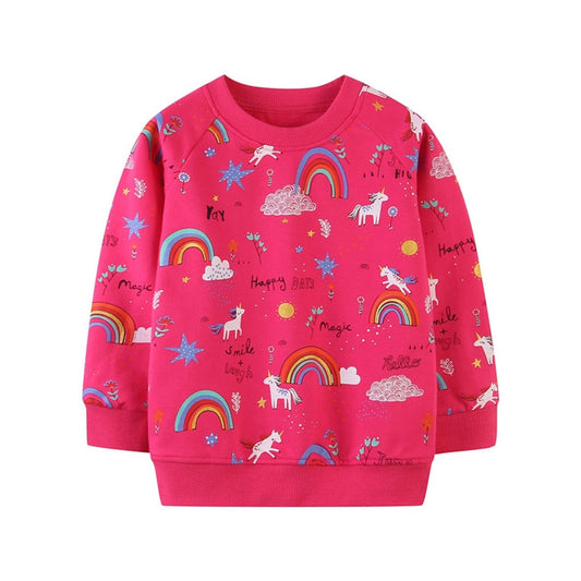 Girls Unicorn Rainbow Print Cotton Sweatshirt - Fuchsia