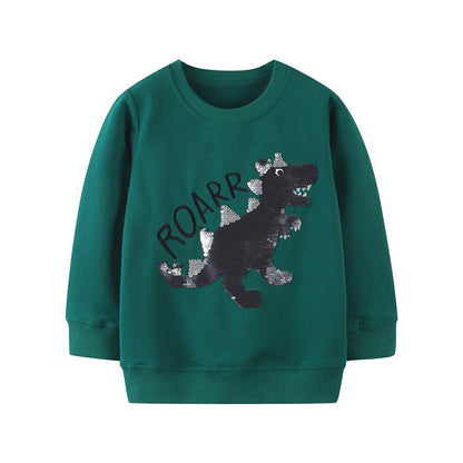 Boys Dinosaur Print Cotton Sweatshirts - Dark Green
