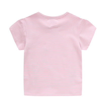 Girls Summer Short Sleeve Cotton T-shirt with Mouse & Flowers Print - Striped Pink.