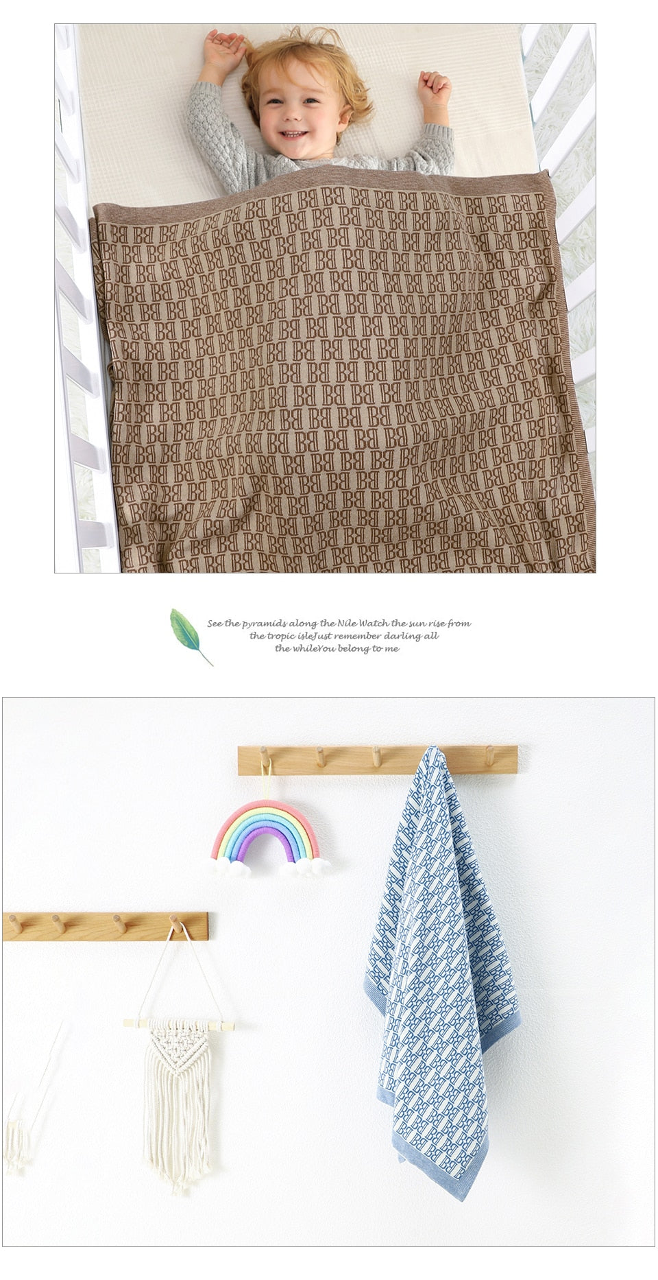 Newborn Babies' Knitted Super Soft 100% Cotton Blankets 100*80cm - Cream, Brown, Green.