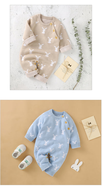 Baby Girls Boys Cotton Cute Rabbit Knitted Long Sleeve Jumpsuit - Blue, Pink, Grey, Beige