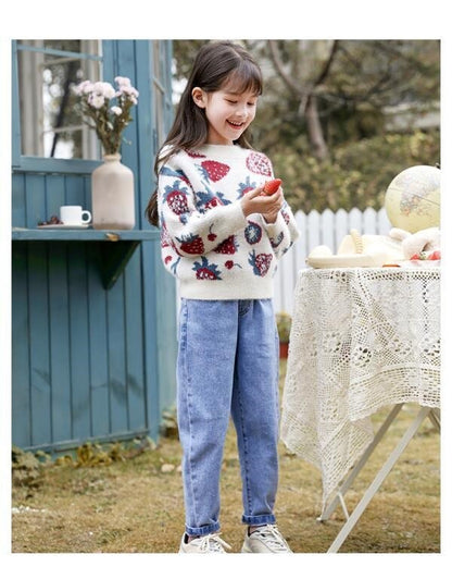 Girls Knitted Cotton Blend Short Sweater - White with Strawberry Print.