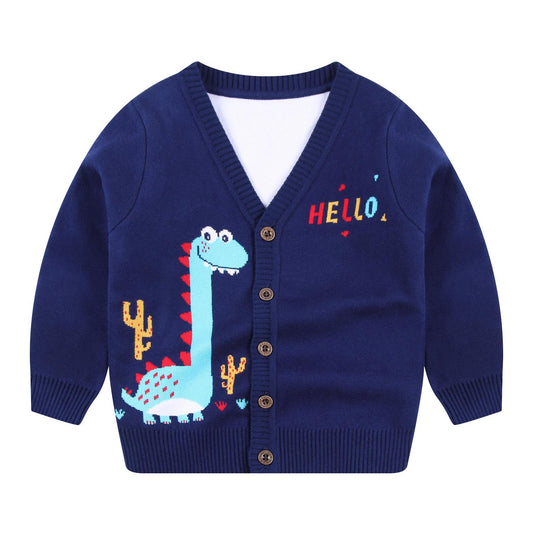 Baby Boys New Cartoon Dinosaur Single Breasted Knitted Cardigan - Blue, Ivory