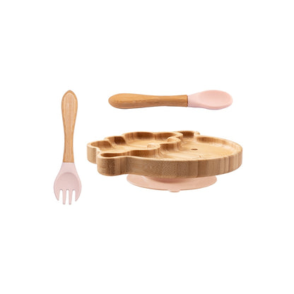 3 pcs Wooden Dinner Set with Plate on Non-slip Waterproof Silicone Suction Cup Fork Spoon