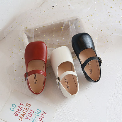 Soft Leather Shoes with Buckle on Flat Sole - Beige, Black, Red.