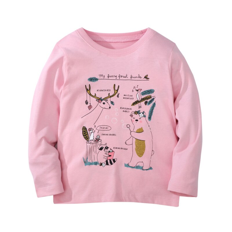 Girls "My Funny Forest Friends" Long Sleeve Cotton Top - Pink.