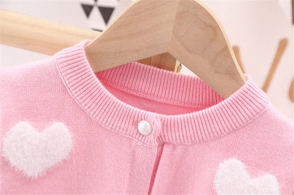 Girls Fluffy Heart Print Long Sleeve Knitted Cardigans - Pink, Red, White.