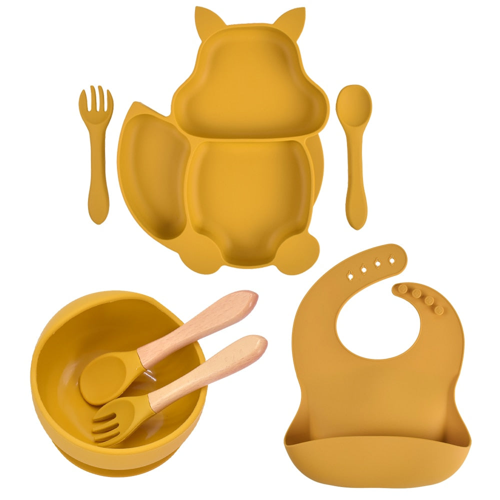 7pcs/set Baby Silicone Suction Children's Tableware Set - Yellow, Pink, Yellow, Bordeaux.