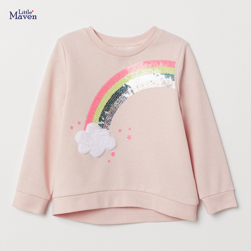 Little Maven Baby Girl Clothes Toddler Autumn Terry Cotton Tops Rainbow Cloud Applique Sweatshirt Pink Sweater for Kid 2-7 Years.