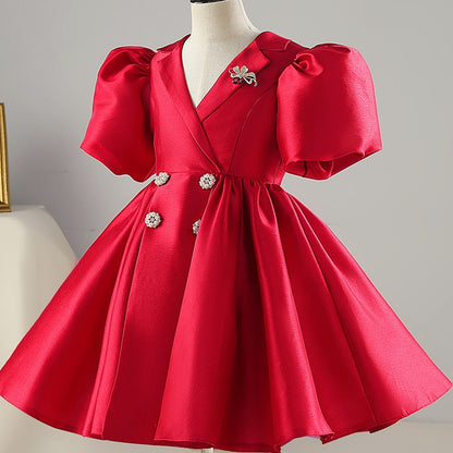 Girls Elegant Vintage Ball Princess Tulle Dress - Red.
