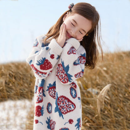 Girls Knitted Cotton Blend Long Sweater - White with Strawberry Print.