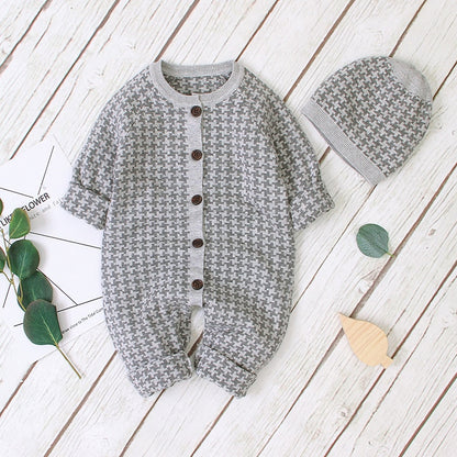 Knitted Baby Boys Girls Jumpsuits and Warm Hat -  Grey, Green, Pink.