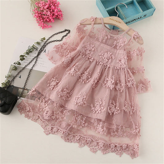 Baby Girls Long Sleeve Lace Dress with Flower Pattern - Pink, White, Black.