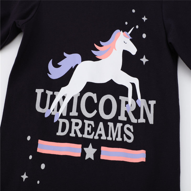 Girls Unicorn Print Long Sleeve Cotton T-shirt - Black