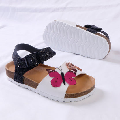 Designer Brand Girls Summer PU Leather Cork & Glitter Sandals - Pink, Black.