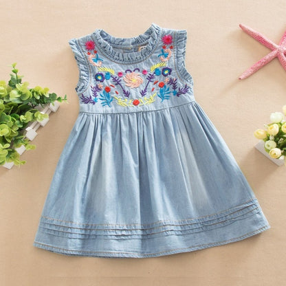 Girls Sleeveless Embroidered Denim Casual Dress - Blue