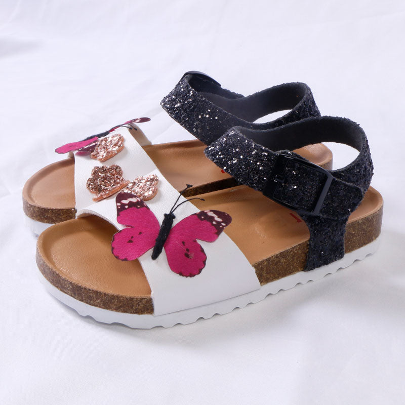 Designer Brand Girls Summer PU Leather Cork & Glitter Sandals - Pink, Black.