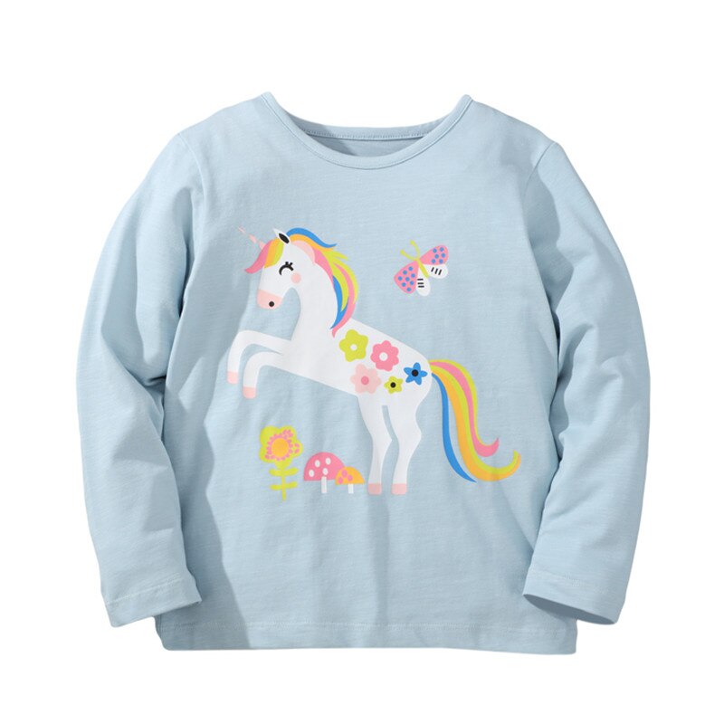 New Spring Girls Embroidered Unicorn Fashion Cotton Top - Pale Blue, Pale Pink.
