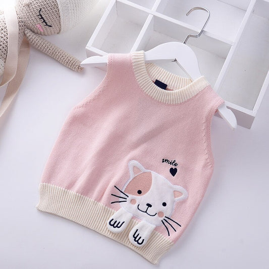 Girls Cartoon Embroidered Cat Knitted Vest - Pink, Red.